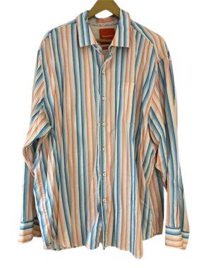 Tommy Bahama Button Down Shirt Mens Striped Blue Orange Long Sleeve Island Beach
